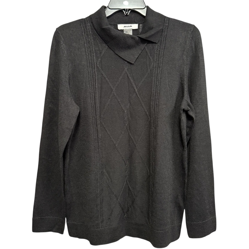 Alia Women's Black Diamond Knit Pullover Sweater with Notch Collar